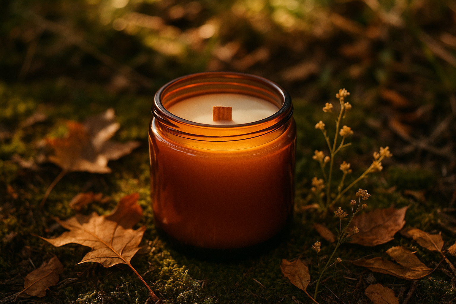 A wood wick candle in a amber jar, unlit, placed in nature