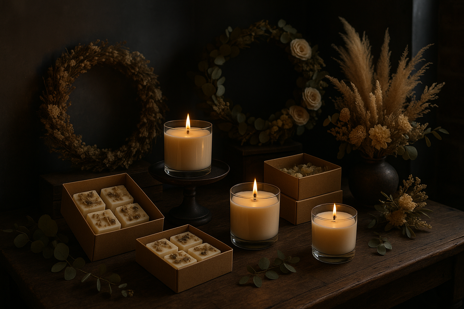 An image of candles with wooden wicks, dried botanical wax melts (cube shaped) in Kraft boxes and dried flower wreaths and arrangements on a dark weathered table, in a moody interior. Have this set out like it would be styled in a show home