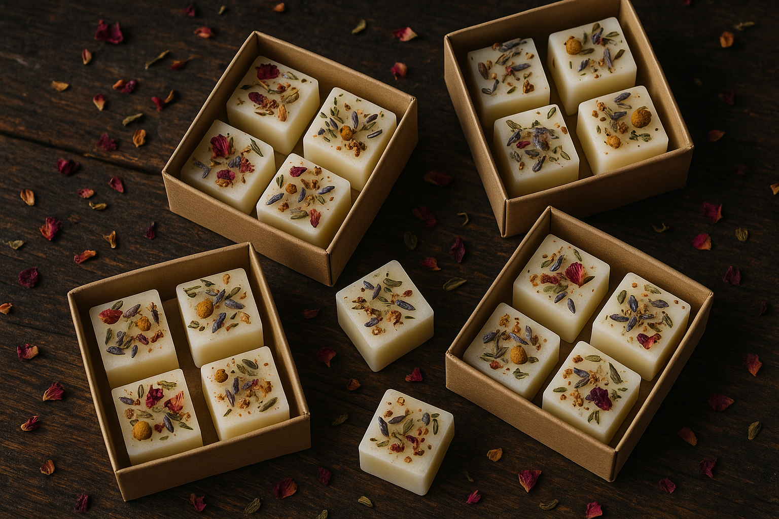 Boxes of botanical topped wax melt cubes, in craft boxes, in the style of the brand freckleface. I want the dried botanicals to look like they have been sprinkled on top of the was. Have the wax melts and a scattering of dried petals placed on a dark weathered wooden table in a non uniform way